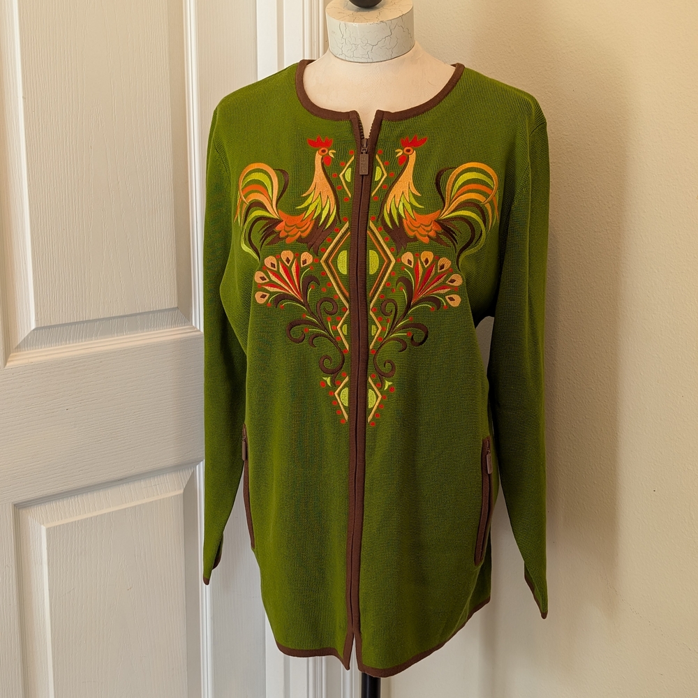 Bob Mackie Green Cardigan with Rooster Design - Picture 1 of 6